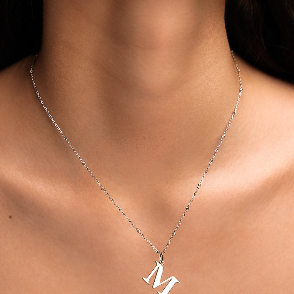 M Initial Necklace In Silver