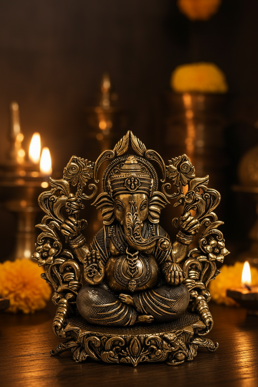 Ganapati — Brass Ganesha with Floral Arch